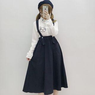Cat Embroidered Long-sleeve Shirt / A-line Midi Suspender Skirt