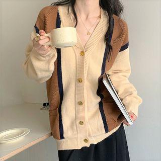 Color Block Cardigan Cardigan - Black & Brown & Beige - One Size
