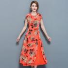 Set: Floral Print Slit A-line Midi Dress + Midi Skirt