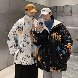 Graphic Print Fleece-lined Padded Zip Jacket