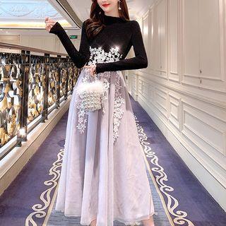Embroidered Long-sleeve Maxi A-line Mesh Dress