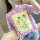 Elbow-sleeve Mesh Overlay Sequined T-shirt