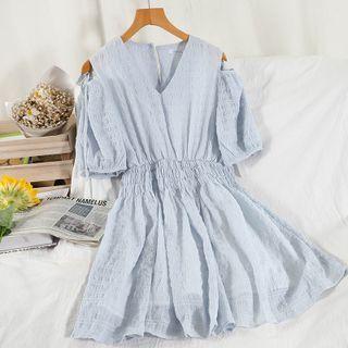 Short-sleeve Cold Shoulder V-neck Shirred A-line Dress