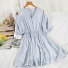 Short-sleeve Cold Shoulder V-neck Shirred A-line Dress