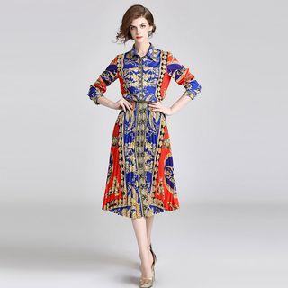 Set: Printed Shirt + Pleated A-line Midi Skirt