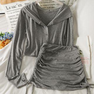 Set: Button-up Hooded Crop Top + Drawstring-side Mini Skirt