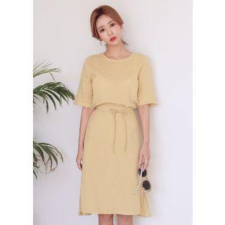 Elbow-sleeve Tie-waist Linen Wrap Dress