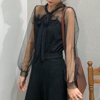 Mock Two Piece Mesh Panel Long Sleeve Blouse