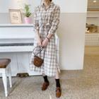 Slit-side Checked Long Shirtdress With Sash Beige - One Size