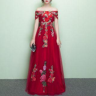 Floral Embroidered Off-shoulder Evening Gown