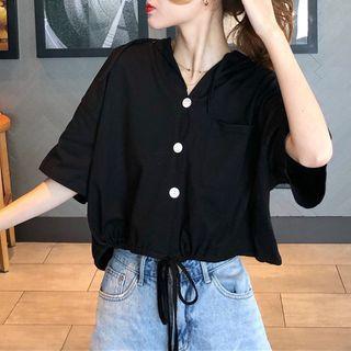 Drawstring-cuff Elbow-sleeve Hoodie