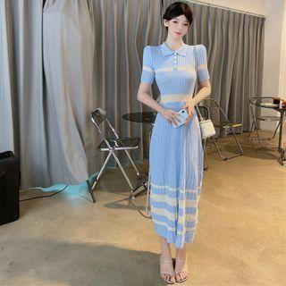 Short-sleeve Two Tone Knit Midi Dress