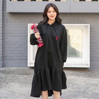 Lettering Ruffle-hem Hoodie Dress