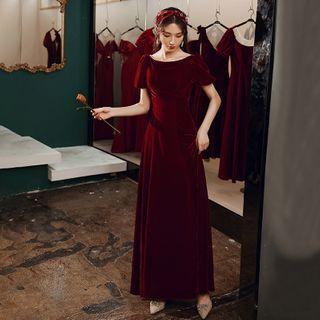 Short-sleeve Velvet Evening Gown