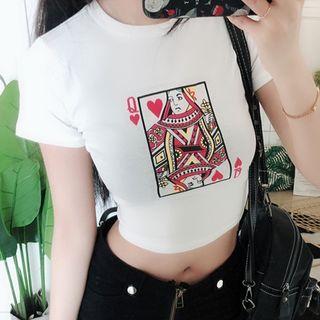Short-sleeve Poker Embroidered Cropped T-shirt