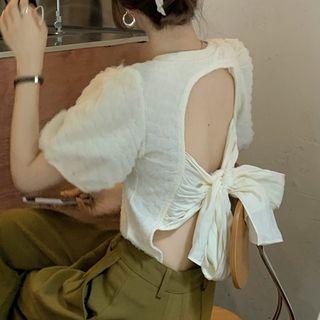 Short-sleeve Open Back Blouse Almond - One Size