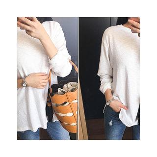 Round-neck Slit-hem Long Sleeve T-shirt