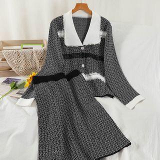 Set: Faux Pearl Collared Cardigan + Midi Knit Skirt Cardigan - Print - Black - One Size / Skirt - Print - Black - One Size