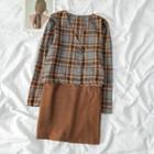 V-neck Plaid Top / High Waist A-line Skirt