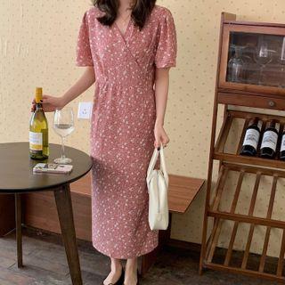 Puff-sleeve Floral Print Midi A-line Dress Floral Print - Pink - One Size