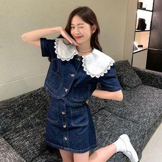 Short-sleeve Lace Collar Denim Blouse / Mini Skirt