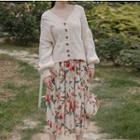 Set: Cable-knit Cardigan + Flower Print Midi Straight-fit Skirt