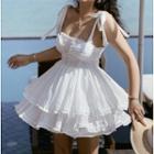 Tie-strap Tiered Frill Trim Mini A-line Dress
