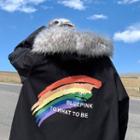 Rainbow Print Furry Trim Zip-up Hooded Jacket