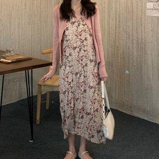 Lettuce Edge Cardigan / Floral Print Spaghetti-strap Midi A-line Dress