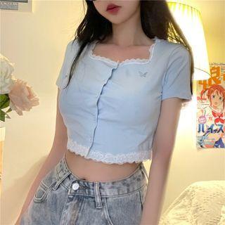 Short-sleeve Lace Trim Knit Crop Top Light Blue - One Size