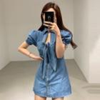 Tie-neck Puff-sleeve Mini A-line Denim Dress