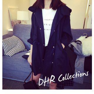 Drawstring Hooded Windbreaker Dark Blue - One Size