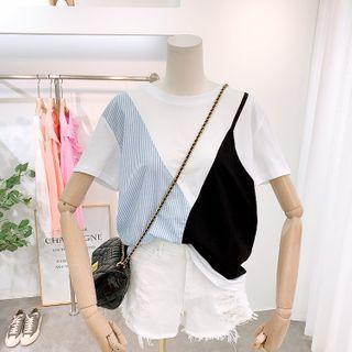 Mock Two-piece Contrast Panel Short-sleeve T-shirt Panel - Black & White & Blue - One Size