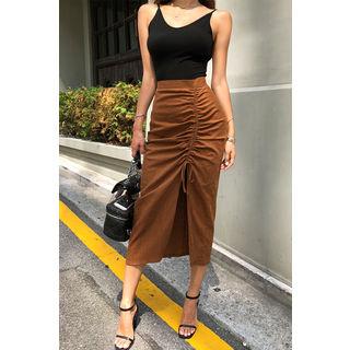 Shirred Linen Blend Midi Skirt