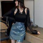 Open Front Cardigan / Letter Embroidered Knit Haler Top / Irregular Hem Mini Straight-fit Skirt