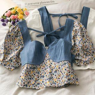 Puff-sleeve Denim Panel Blouse