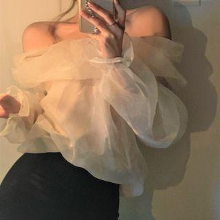 Off-shoulder Mesh Blouse / Boot-cut Pants