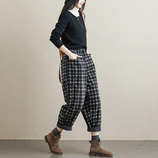 Plaid Harem Pants Plaid - Black & Gray - One Size