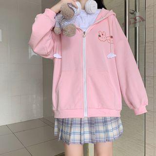 Cartoon Print Hooded Zip Jacket Pink - One Size