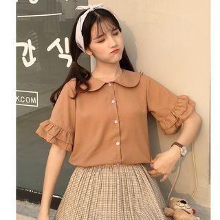 Ruffle Trim Short-sleeve Blouse Almond - One Size