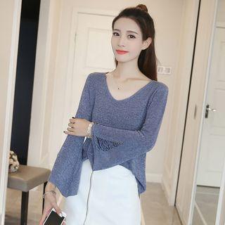 Long-sleeve Distressed V-neck Sweater