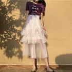 Letter Embroidered Short-sleeve T-shirt / Midi Tiered Skirt