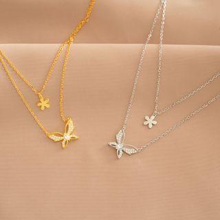 Flower & Butterfly Rhinestone Pendant Layered Necklace