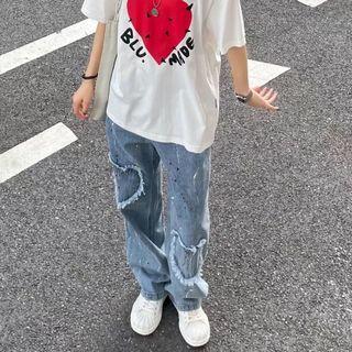 Printed Fringed Trim Straight Leg Jeans
