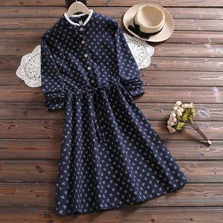 Long-sleeve Printed Midi  A-line Dress