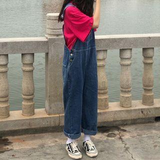 High-waist Embroider Washed Denim Straight-cut Jumpsuit
