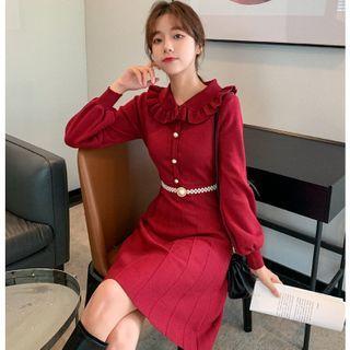 Set: Long-sleeve Frill Trim Knit A-line Dress + Belt
