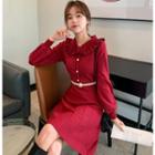 Set: Long-sleeve Frill Trim Knit A-line Dress + Belt