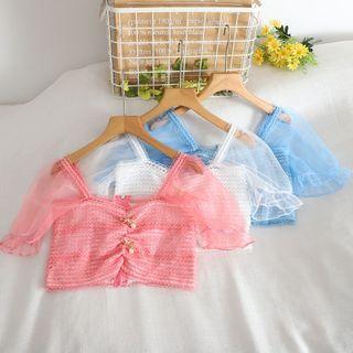 Puff-sleeve Bow-accent Mesh Crop Top