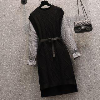 Long-sleeve Mock Two-piece Cable-knit Dress